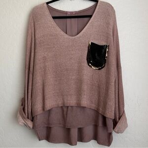 Scandal‎ Italy Women's Lagenlook Sequin Pocket Angora Blend Top Pink Large?